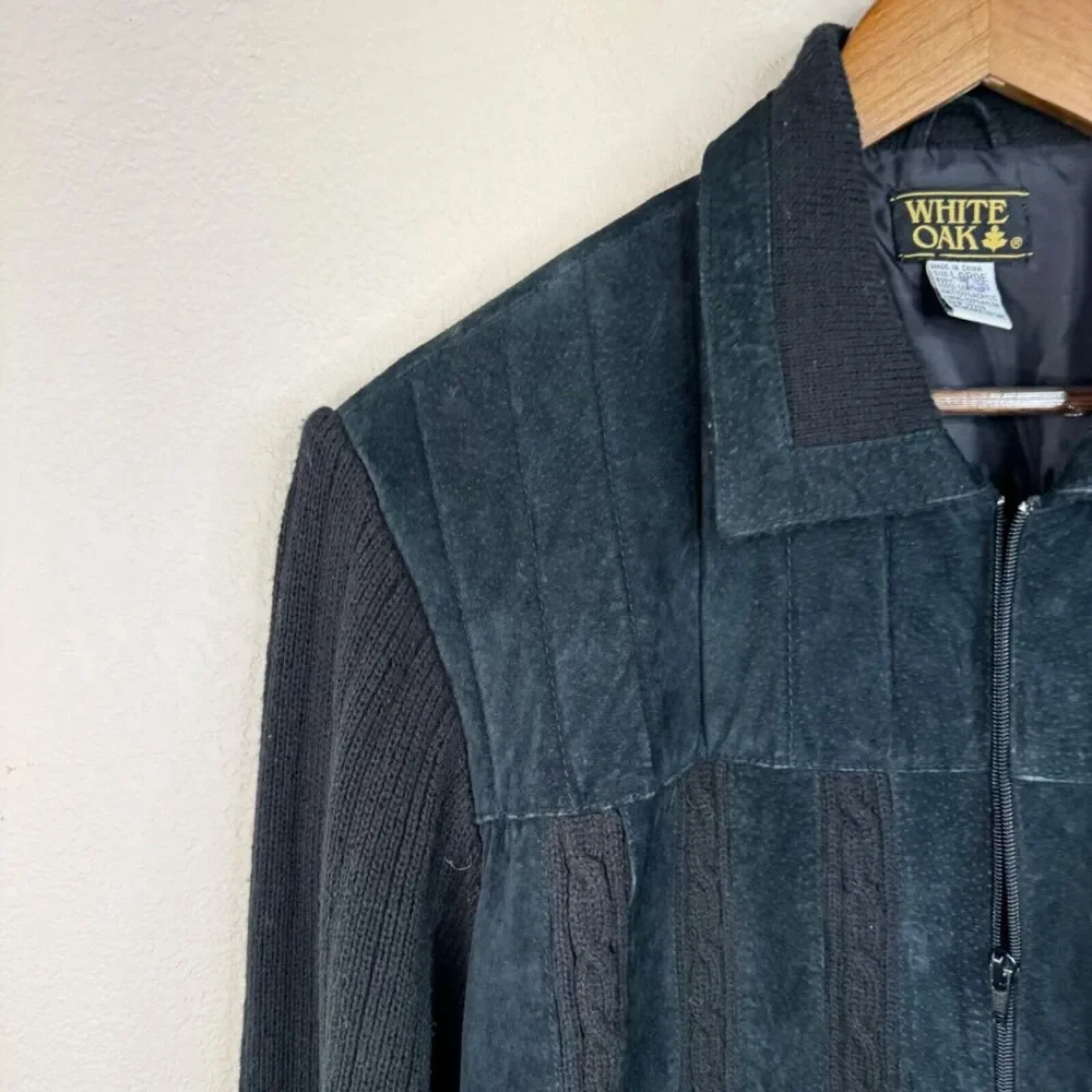 White Oak Mens Large Black Leather Knit Bomber Jacket 80s 90s‎ Grandpa Sweater